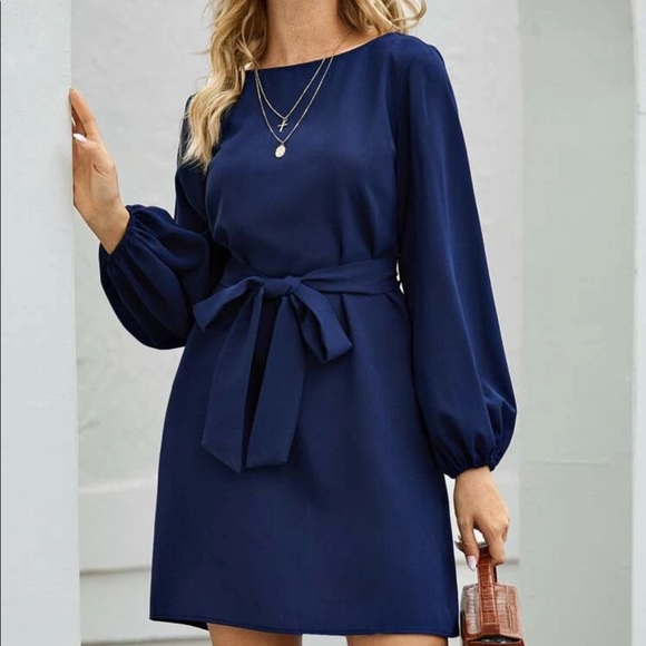 Boho lantern sleeve  belted dress navy blue - Picture 15 of 15